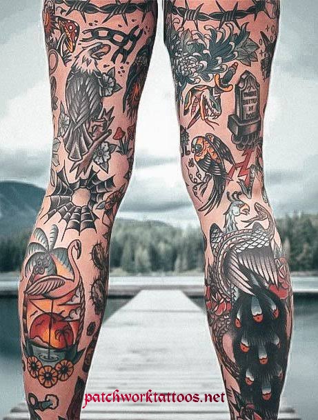 leg sleeve patchwork tattoo