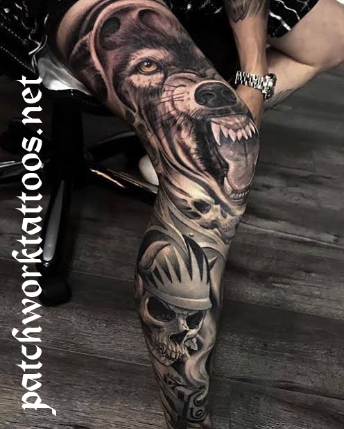 leg sleeve patchwork tattoo
