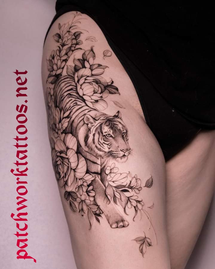 thigh patchwork tattoo