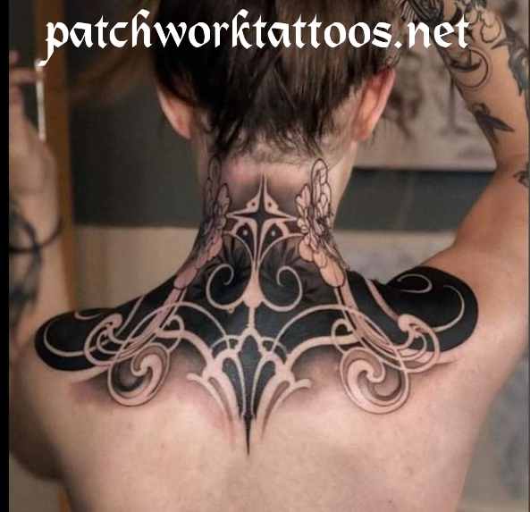 upper back patchwork tattoo