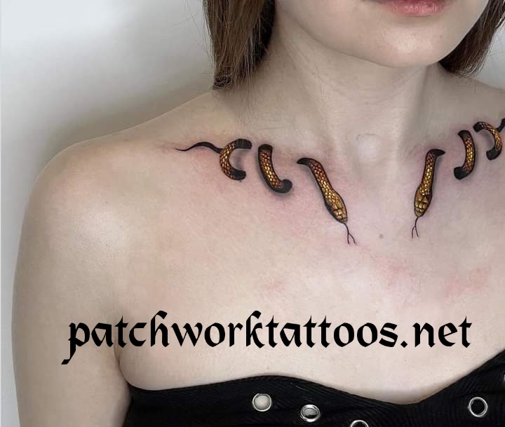 neck patchwork tattoo